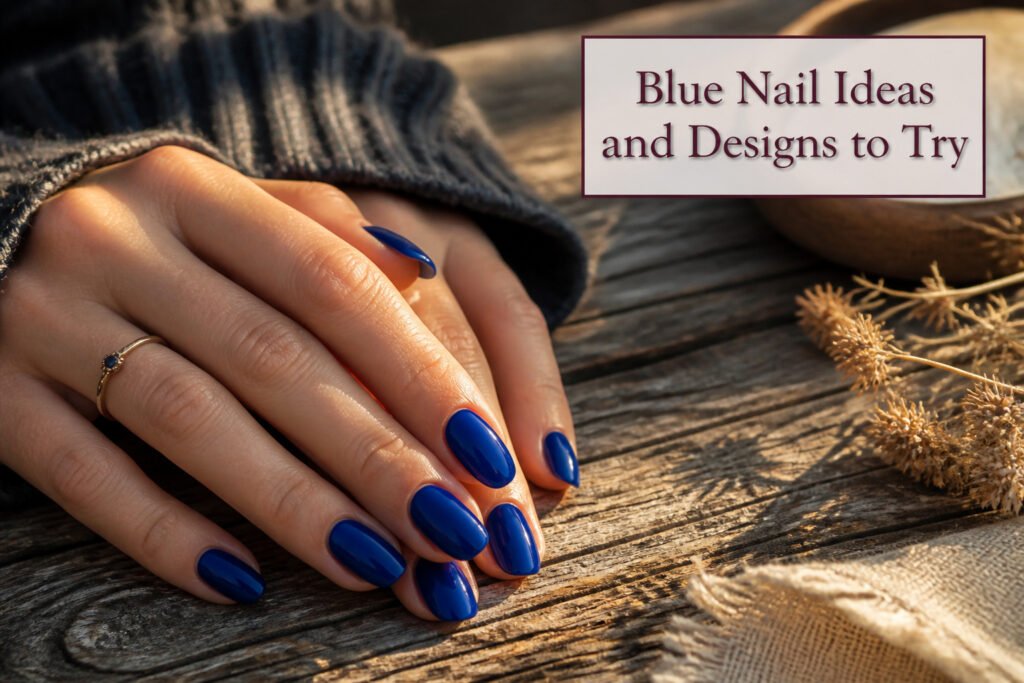 A collection of various blue nail designs showcased together.