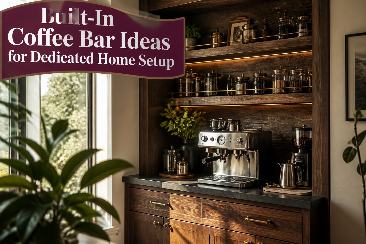 A modern coffee bar setup featuring coffee equipment and decorative elements.