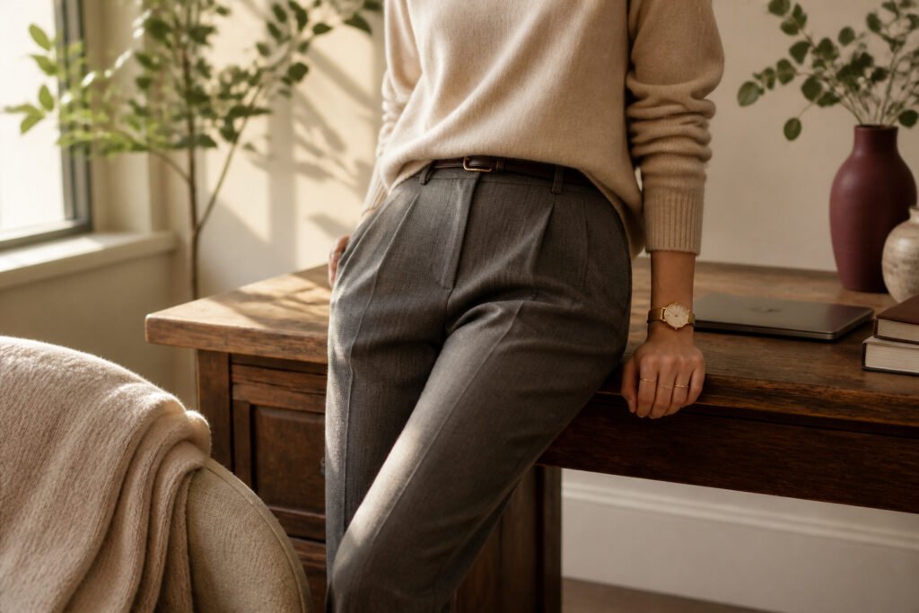 A variety of business casual outfits displayed on mannequins in a modern office.