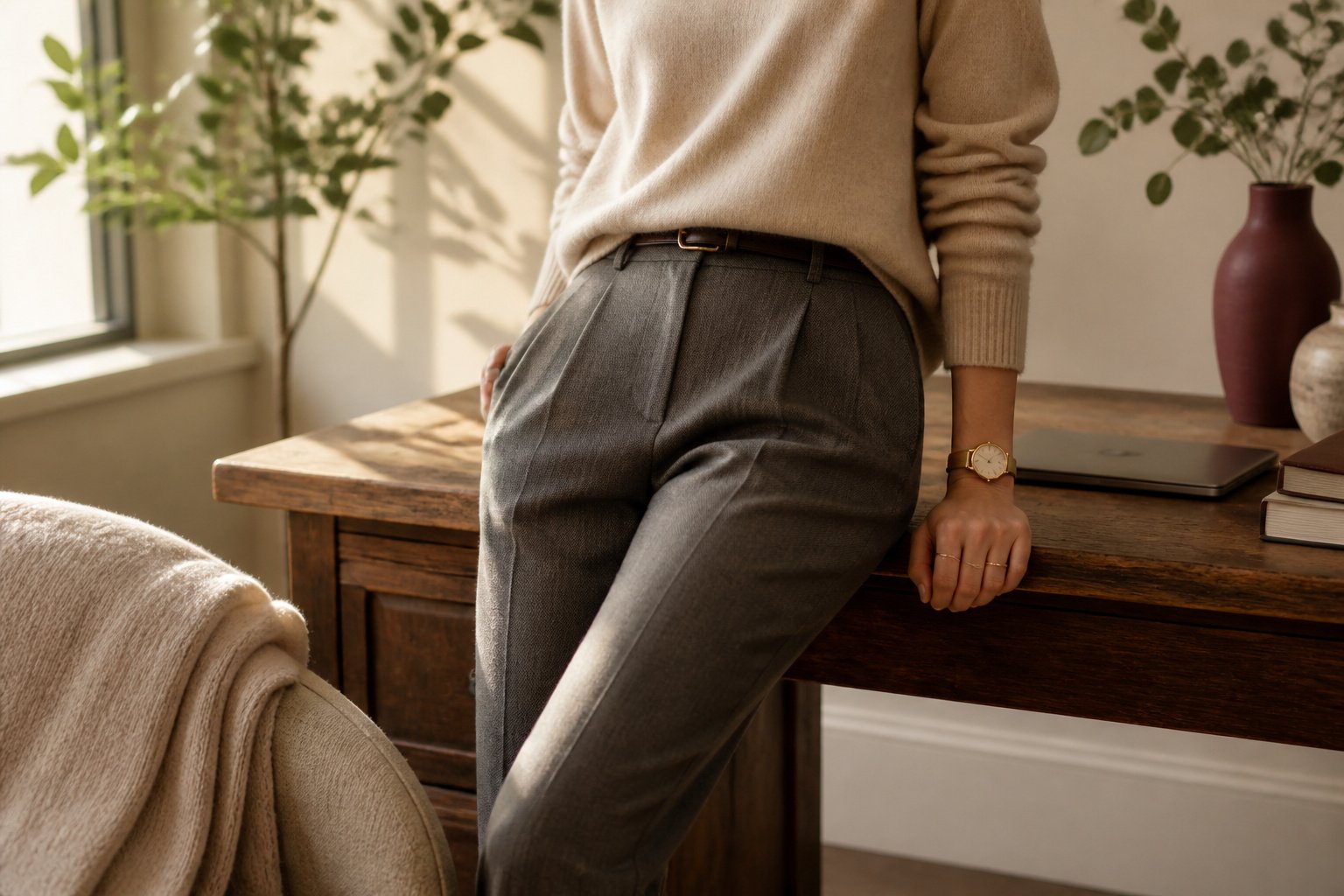 A variety of business casual outfits displayed on mannequins in a modern office.