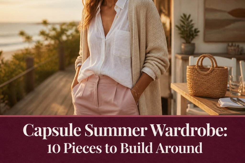 Various summer wardrobe items arranged together on a neutral surface.