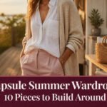 Various summer wardrobe items arranged together on a neutral surface.