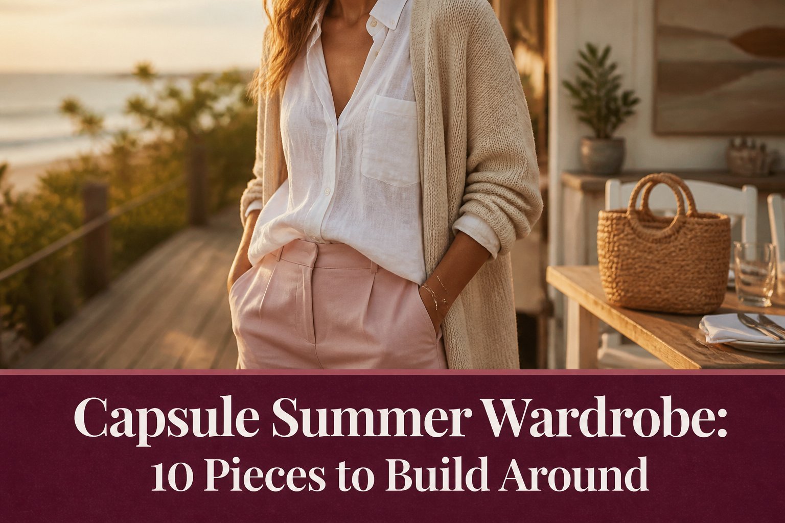 Various summer wardrobe items arranged together on a neutral surface.