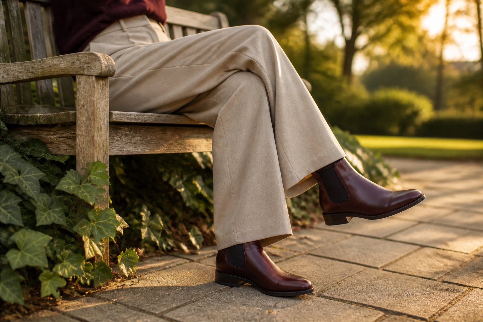 A model wearing Chelsea boots with various outfits in a stylish setting.