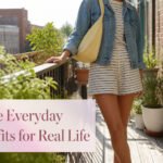 A model wearing various cute everyday outfits in an outdoor setting.