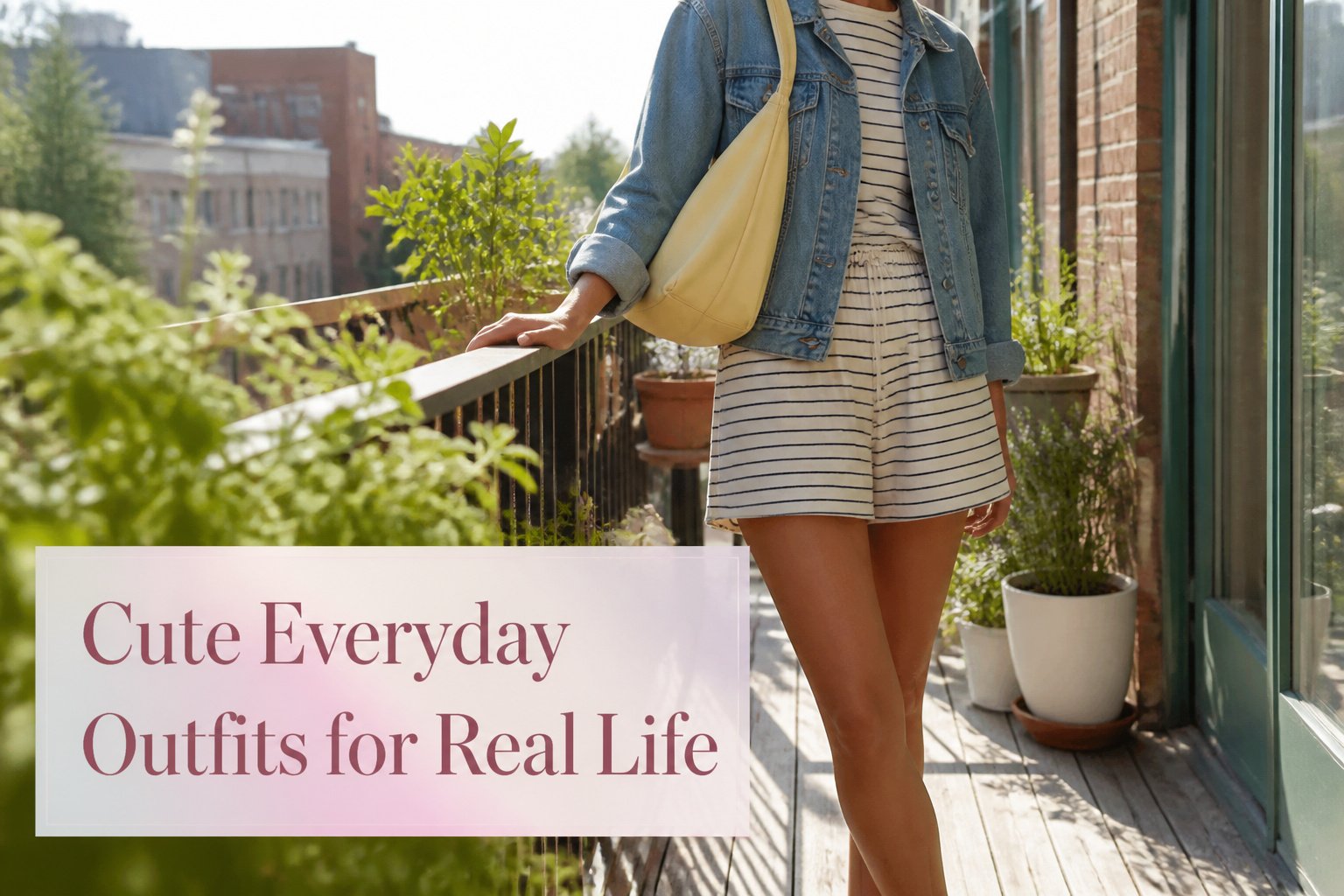 A model wearing various cute everyday outfits in an outdoor setting.