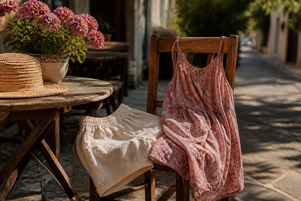 A variety of summer outfits displayed on models in a sunny setting.