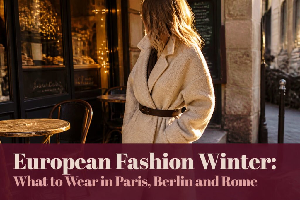 A model wearing winter fashion in a European city setting.