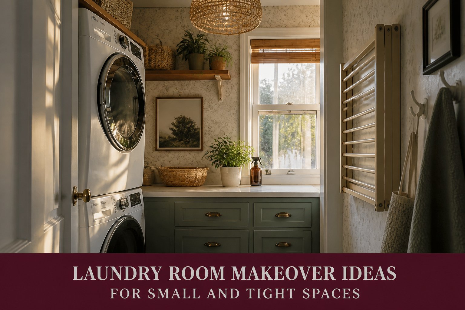 A laundry room with bright colors, organized storage, and modern appliances.