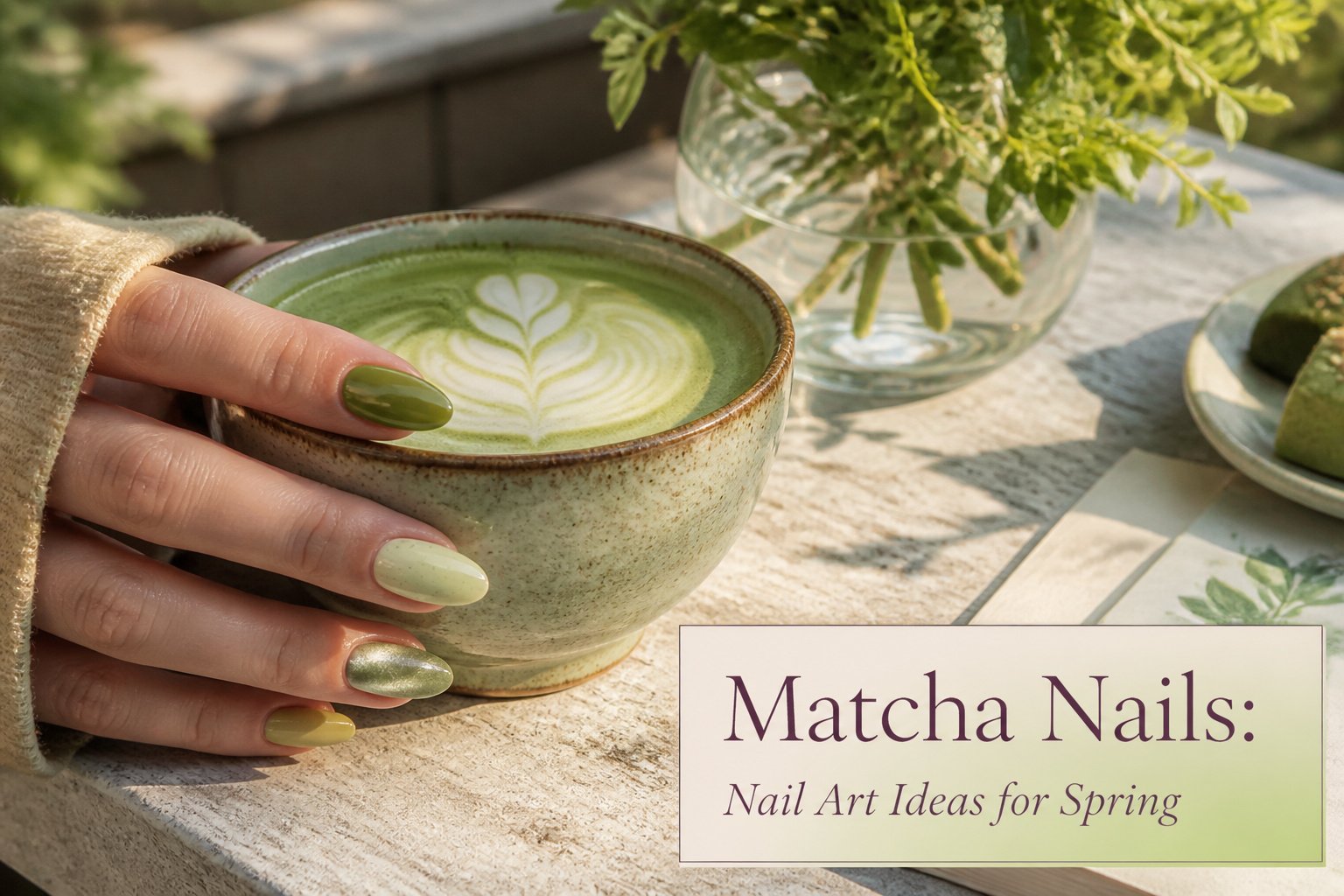A collection of different matcha nail art ideas arranged together.