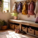 Mudroom with hooks for coats and baskets for shoes and accessories.
