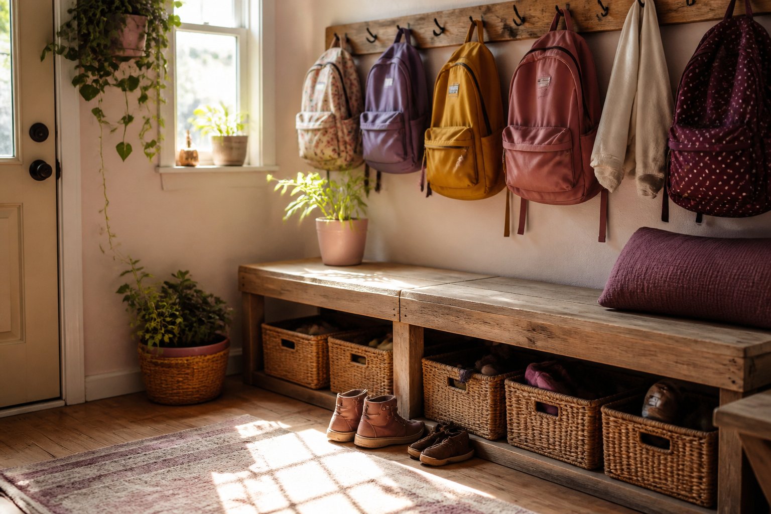 Mudroom with hooks for coats and baskets for shoes and accessories.