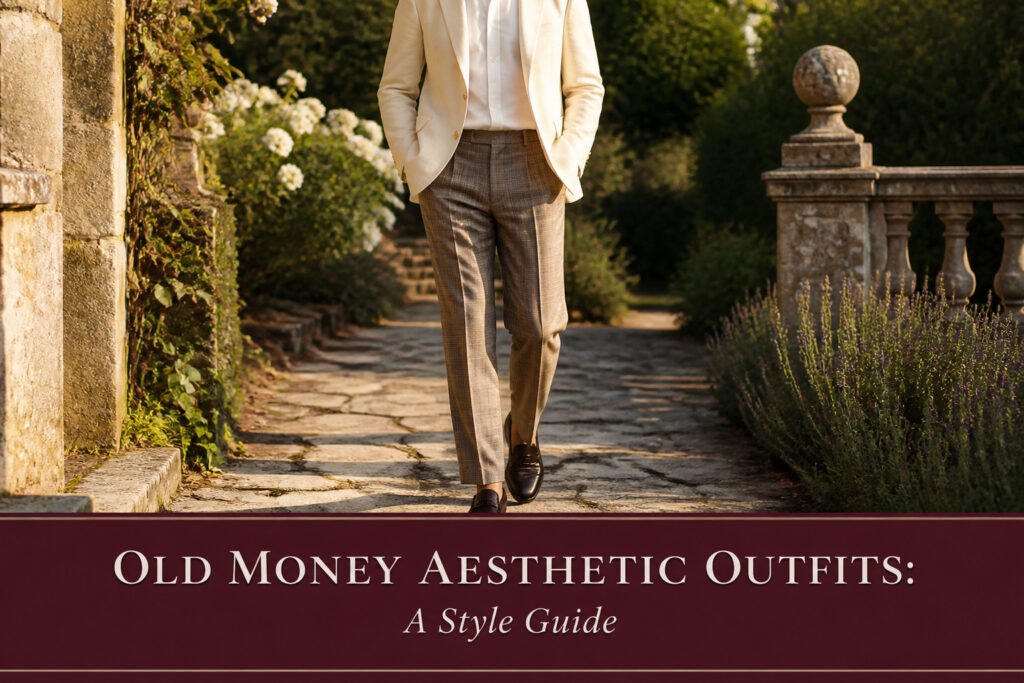 Various outfits showcasing the old money aesthetic style.