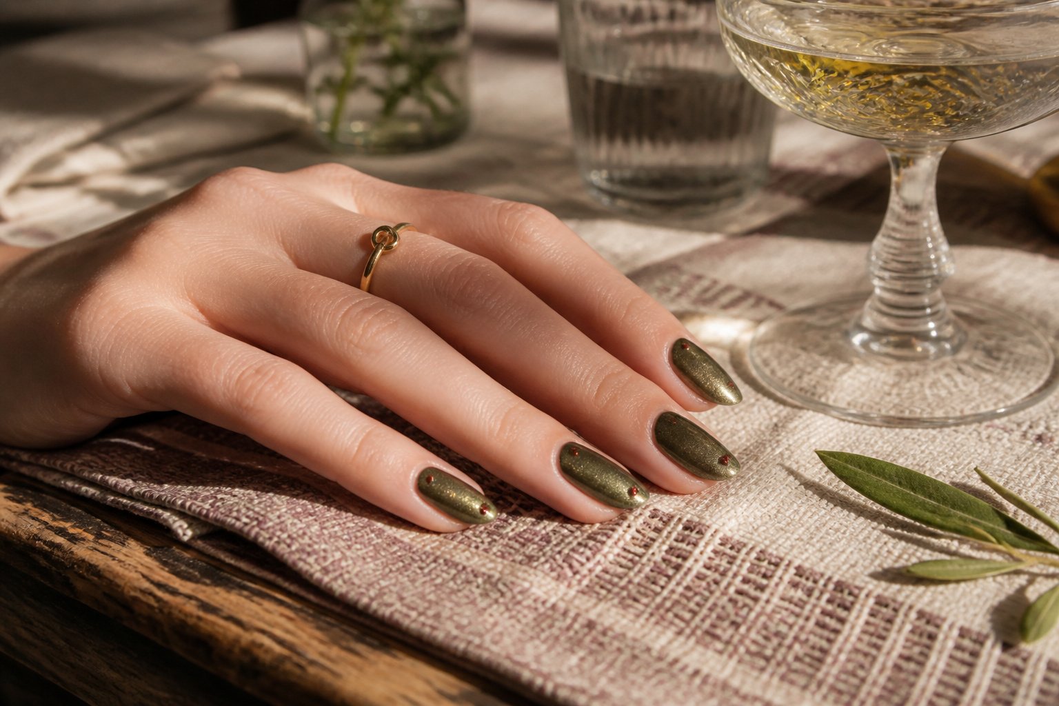 A hand with olive nails featuring different designs and colors.