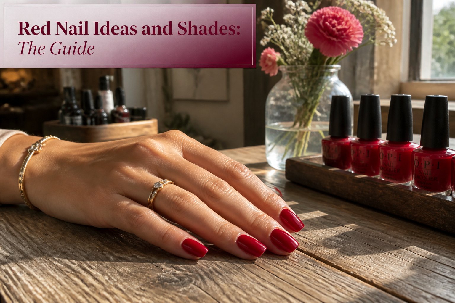 Various red nail polish bottles arranged together.
