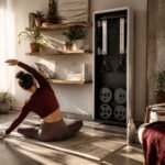 A stylish small home gym setup with various workout equipment.