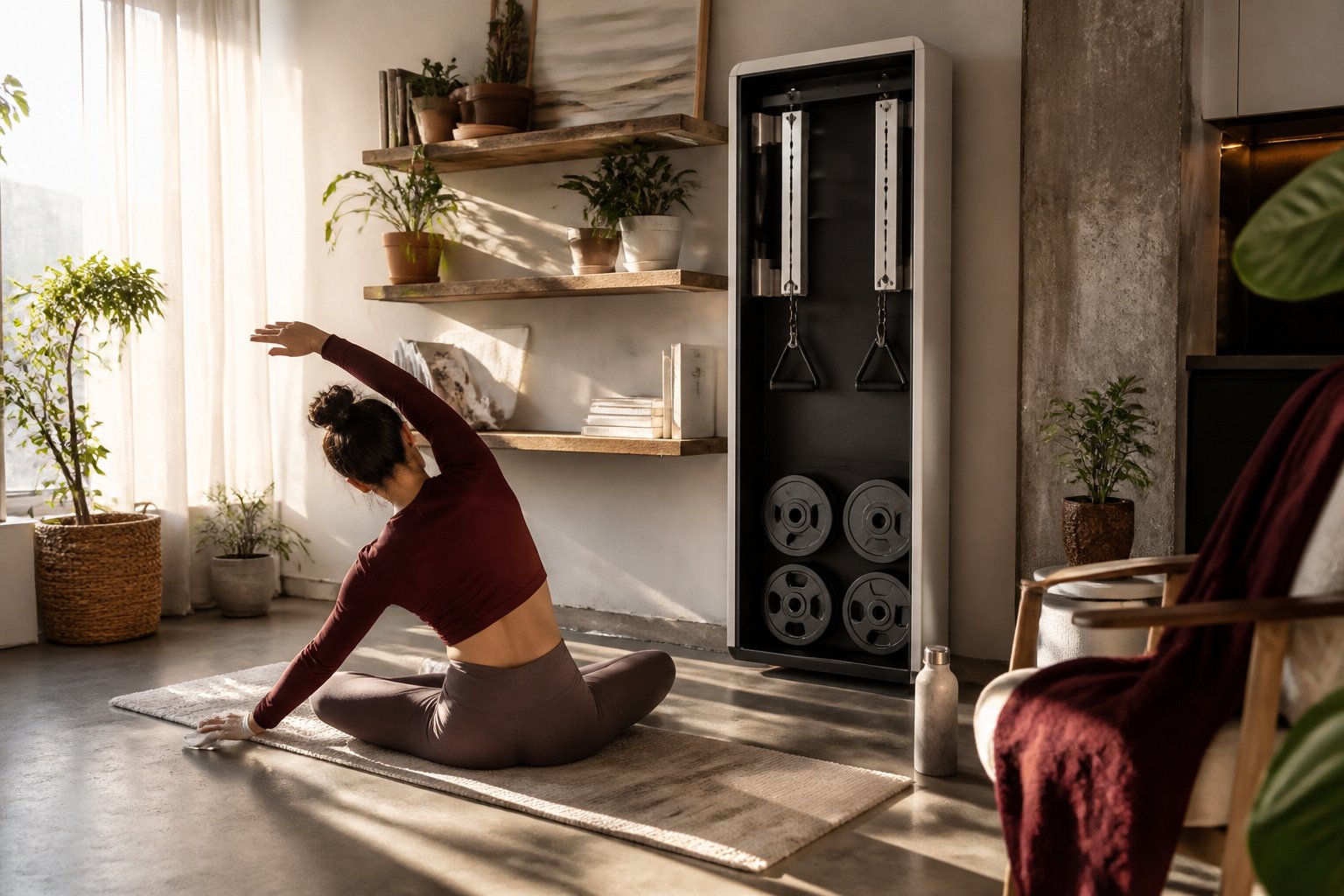 A stylish small home gym setup with various workout equipment.