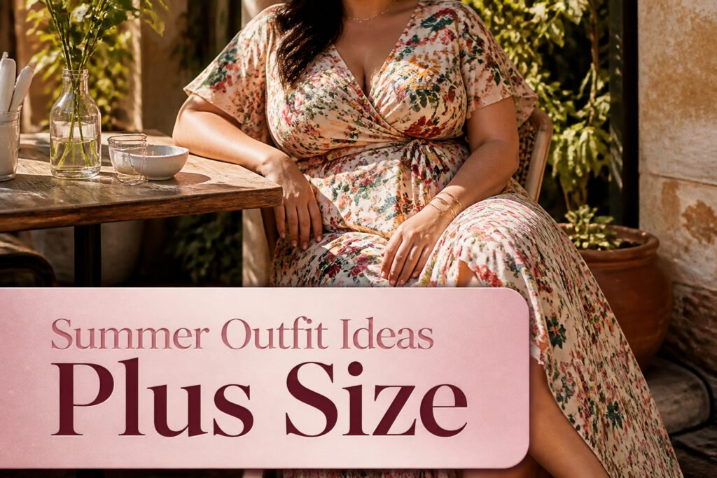 A display of various plus-size summer outfits on models.