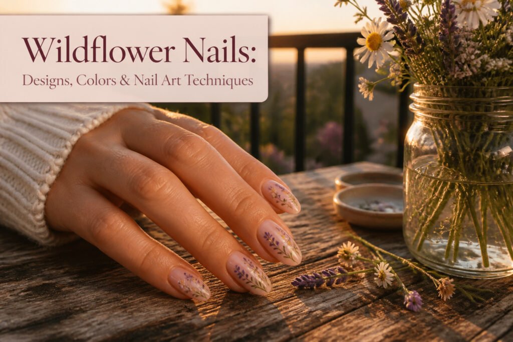 Assorted wildflower nail art designs with different colors and patterns.
